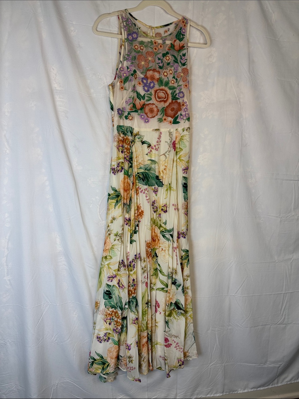 Anthropologie Cream Floral Maxi Dress with Embroidered Bodice